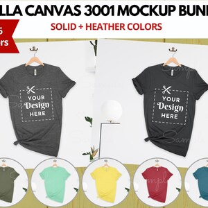 May include: Mockup of a Bella Canvas 3001 t-shirt in heather gray with the text "YOUR Design HERE" on the front. The t-shirt is hanging on a hanger and is displayed against a white background. The image also shows five additional t-shirts in different colors, including olive green, mint green, yellow, burgundy, and teal.