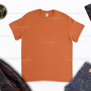 May include: A plain orange t-shirt on a white wood background. The t-shirt is a blank canvas for customization.