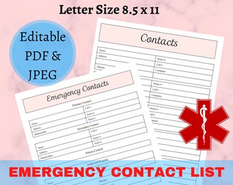 Emergency Contact + Contacts Forms Editable and Printable PDF and JPEG Templates, Planner, phone number sheet, info card, kit, book, list