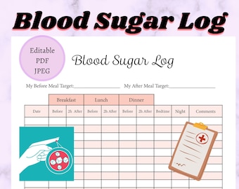 Blood Sugar Editable PDF and Printable JPEG in Black/white and Color Versions, Great way to log your glucose levels before & after meals