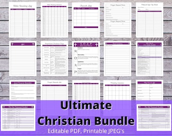 20 pages Christian Bundle Pack, Editable & Printable PDf and JPEG,for bible study guide, church logs, christian holidays, SOAP Notes, Prayer
