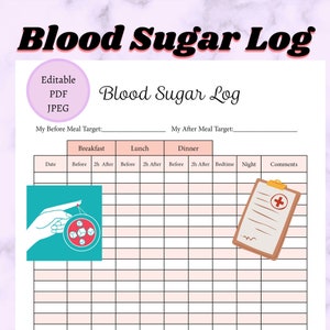 Blood Sugar Editable PDF and Printable JPEG in Black/white and Color Versions, Great way to log your glucose levels before & after meals