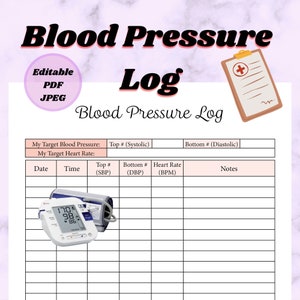 Blood Pressure Log Editable Template Printable PDF and JPEG Great to