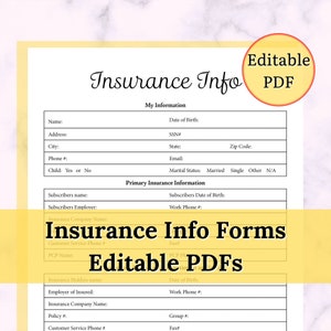 Insurance Info Form Editable PDF Printable JPEGS Great medical history list for doctors, surgeons & therapist. Health History for emergency