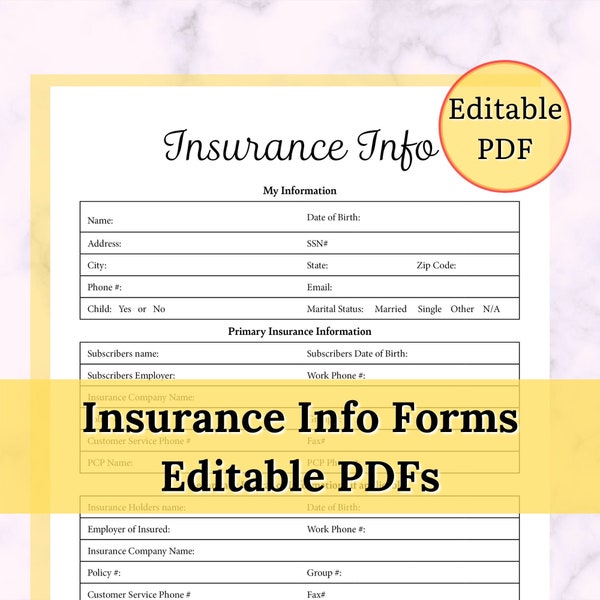 Insurance Info Form Editable PDF Printable JPEGS Great medical history list for doctors, surgeons & therapist. Health History for emergency