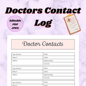 Doctors Contact Log, editable and printable digital download, great to get organized, best spreadsheet, log, chart, pdf, jpeg, medical form
