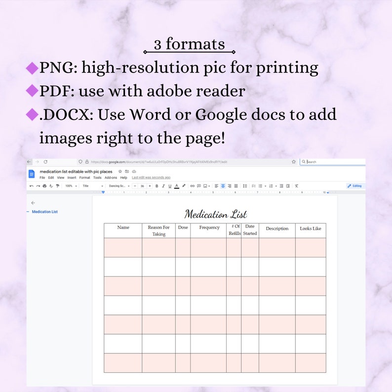 Medication List With Pictures Editable and Printable Template, PDF, JPG