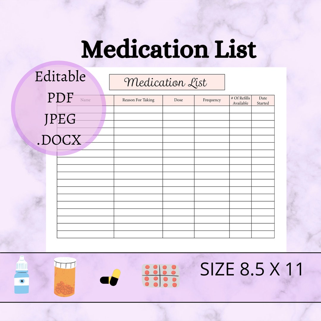 Medication List Editable And Printable Template PDF JPG Etsy