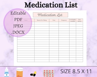Medication List Editable and Printable Template PDF JPG &amp; - Etsy