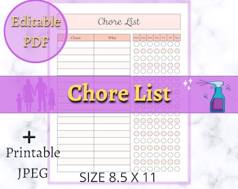 Weekly Chore List Editable PDF & Printable JPEG. Moms and Dads Teach Responsibility to the Kids, Even Teens. Great Chore Chart Checklist!