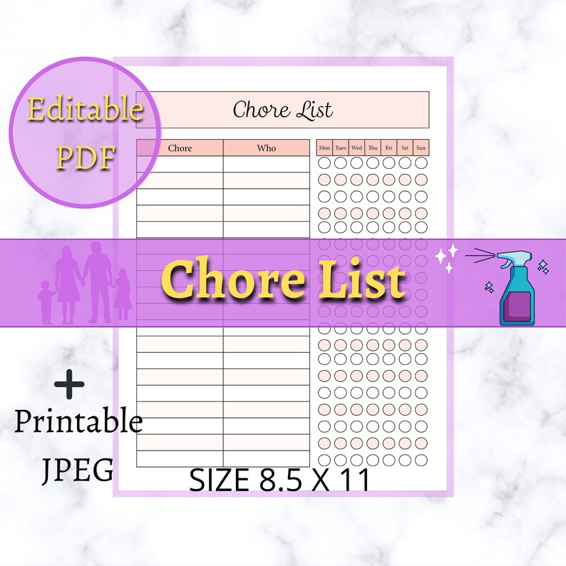 Weekly Chore List Editable PDF &amp; Printable JPEG. Moms and Dads Teach ...