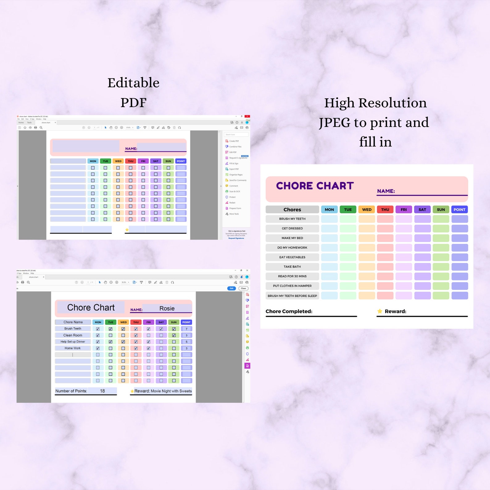 Editable Chore Chart, PDF and JPEG, Letter Size, Daily Planner
