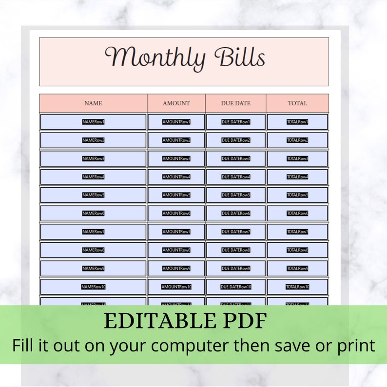 Monthly Bills Editable PDF and Printable JPEG, Great for Budgeting ...