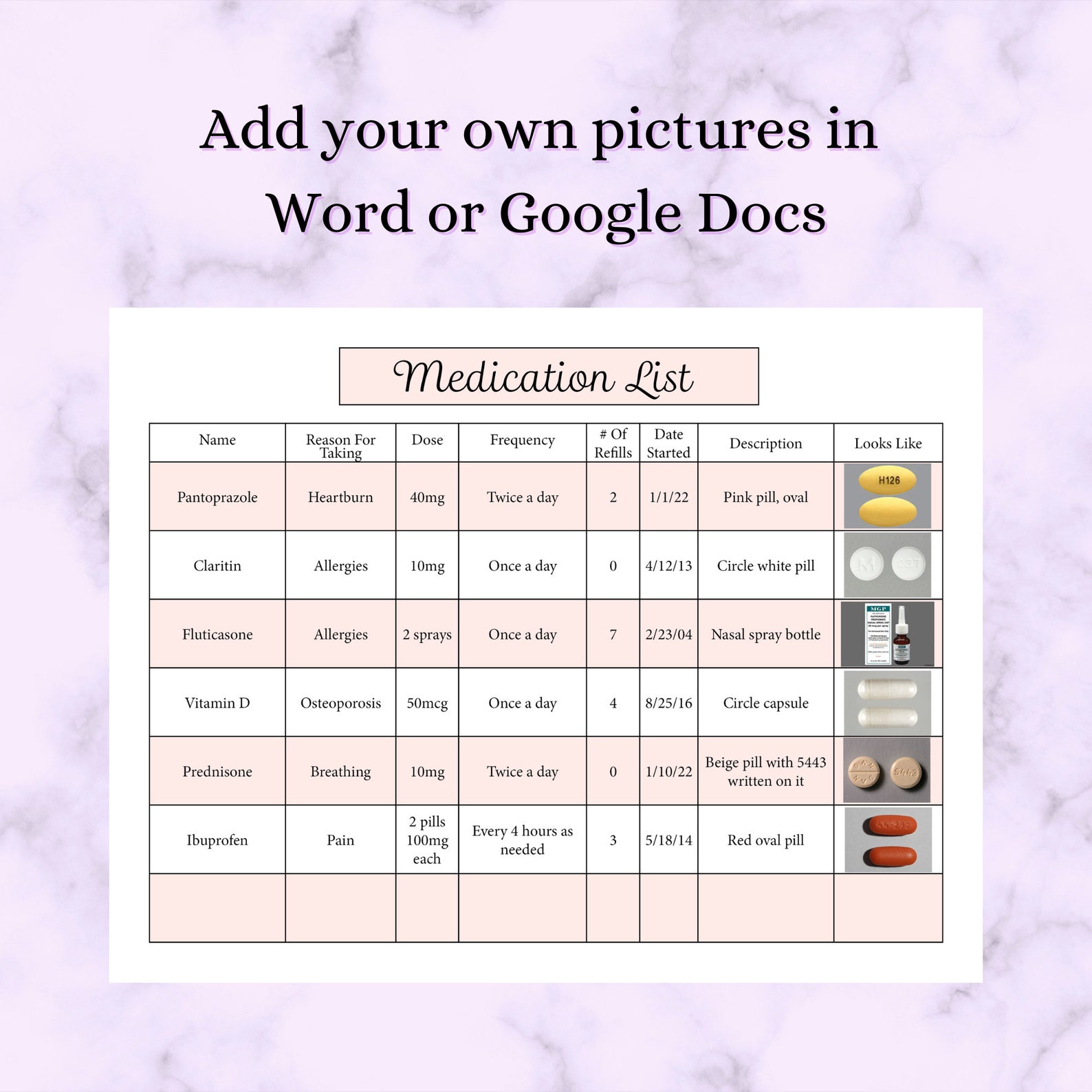 Medication List With Pictures Editable and Printable Template, PDF, JPG ...