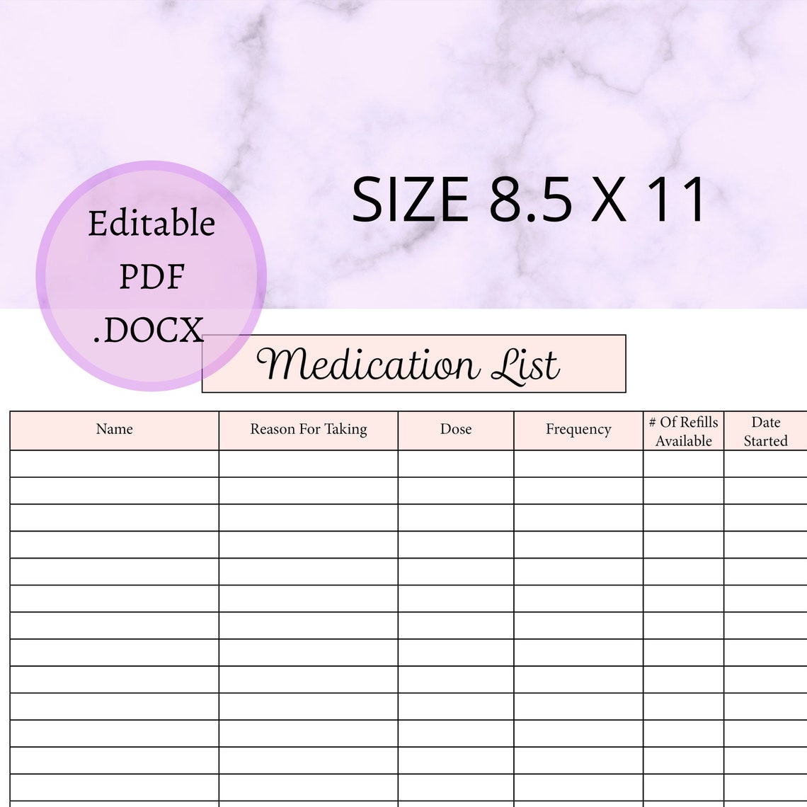 Medication List Editable and Printable Template, PDF, JPG & .DOCX ...