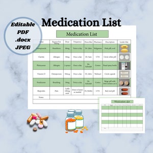 May include: A printable medication list template with a table to track medication name, reason for taking, dosage, frequency, prescriber, pharmacy, description, and what the medication looks like. The table is filled with example medications and their details. There are also illustrations of pills and a bottle of nasal spray.