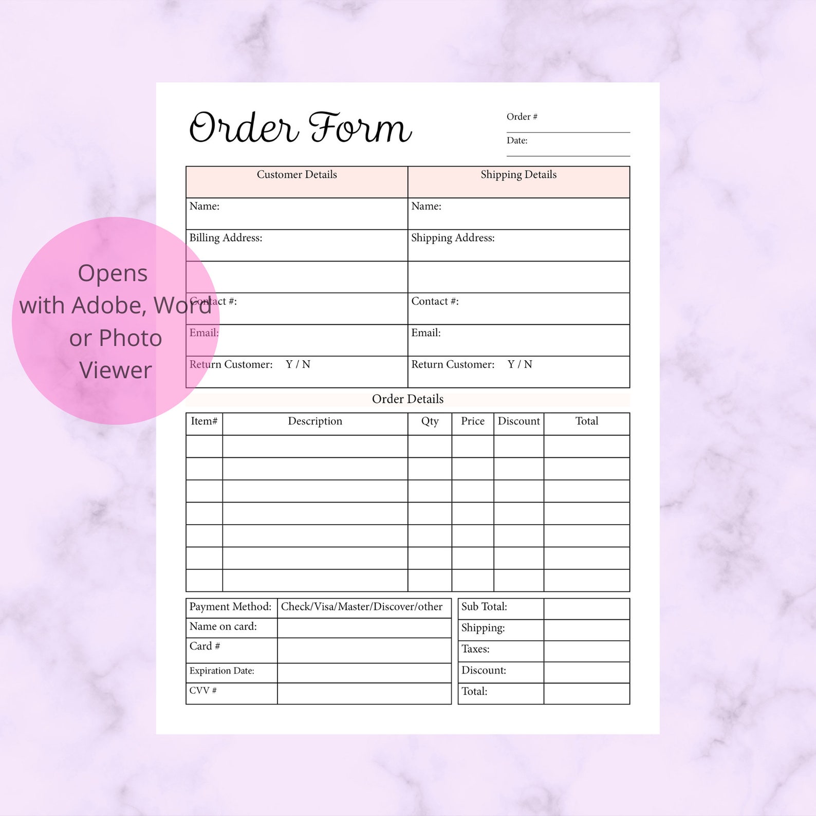 Order Form Editable Printable Template,format- PDF, .DOCX & JPG ...