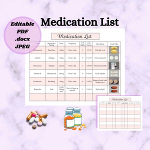 Medicatielijst met afbeeldingen bewerkbare en afdrukbare sjabloon, PDF-, JPG- en .DOCX-formaten, medische grafiek voor doktersbezoeken, logboekrecepten.
