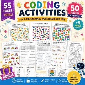 Könnte beinhalten: Eine Sammlung von 55 Seiten mit Programmieraktivitäten und pädagogischen Arbeitsblättern für Kinder. Die Seiten enthalten Zählübungen, Tiermerkmale, Code-Knacker, Wortcodierung, Suchbilder und Labyrinthe mit einer Roboterabbildung.