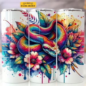 Snake Floral 20 oz Skinny Tumbler Sublimation Design Digital Download PNG Instant Digital only, Watercolor Snake Tumbler Wrap