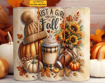 Fall Tumbler Pumpkin Spice 20 oz Skinny Tumbler Sublimation Design Instant Digital Download Only, Just A Girl Who Loves Fall Tumbler Wrap
