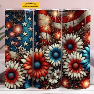 Fireworks & Patriotic Flowers 20 oz Skinny Tumbler Sublimation Design Digital Download PNG Instant Digital only America 4th of July Tumbler