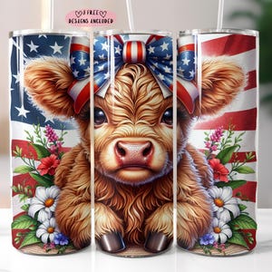 Patriotic Highland Cow Tumbler Wrap 20 oz Skinny Tumbler 4th Of July Sublimation Design Digital Download PNG Instant Digital Only