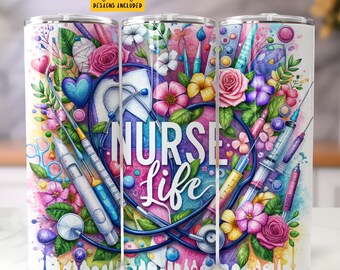 Nurse Tumbler Wrap 20 oz Skinny Tumbler Nursing Sublimation Design Digital Download Instant Digital Only, Nurse Life RN Tumbler PNG