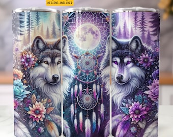 Diseño de sublimación para vaso con atrapasueños de lobo bohemio de luces del norte, descarga digital PNG, solo digital instantánea, envoltura para vaso celestial