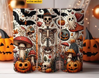 Skeleton Halloween 20 oz Skinny Tumbler Sublimation Design Digital Download PNG Instant Digital only, Witch Spooky Halloween Pumpkin Ghost