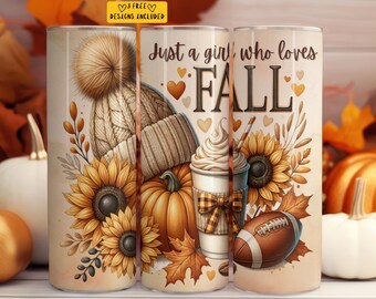 Fall Tumbler Pumpkin Spice 20 oz Skinny Tumbler Sublimation Design Instant Digital Download Only, Just A Girl Who Loves Fall Tumbler Wrap