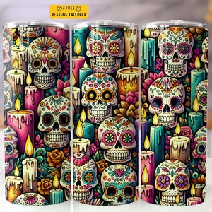 Day of the Dead 20 oz Skinny Tumbler Sublimation Design Digital Download PNG Instant Digital only, Dia de Los Muertos Sugar Skull Tumbler