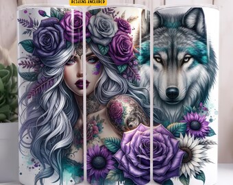 Vaso delgado de 20 oz con diseño de sublimación de lobo gris, descarga digital PNG, solo digital instantánea, vaso floral místico de luna celeste para niña