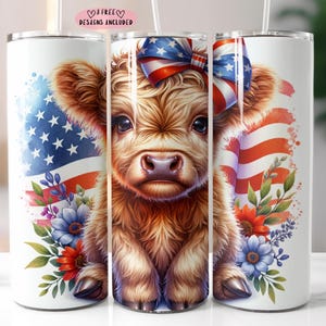 Patriotic Highland Cow Tumbler Wrap 20 oz Skinny Tumbler 4th Of July Sublimation Design Digital Download PNG Instant Digital Only