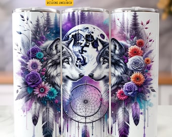Diseño de sublimación para vaso con atrapasueños de lobo bohemio de luces del norte, descarga digital PNG, solo digital instantánea, envoltura para vaso celestial