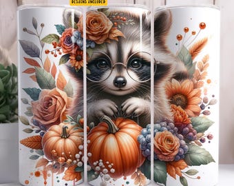 Cute Raccoon 20 oz Skinny Tumbler Sublimation Design Digital Download PNG Instant Digital only, Fall Pumpkin Tumbler Wrap
