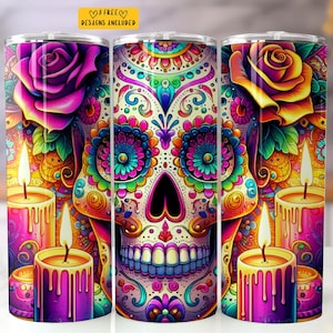 Day of the Dead 20 oz Skinny Tumbler Sublimation Design Digital Download PNG Instant Digital only, Dia de Los Muertos Sugar Skull Tumbler