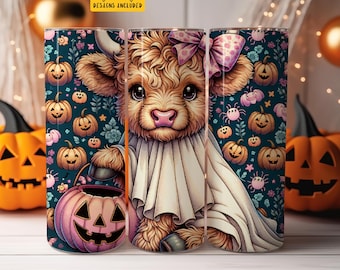 Highland Cow Halloween 20 oz Skinny Tumbler Sublimation Design Digital Download PNG Instant DIGITAL ONLY Spooky Cute Highland Cow tumbler