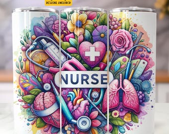 Nurse Tumbler Wrap 20 oz Skinny Tumbler Nursing Sublimation Design Digital Download Instant Digital Only, Nurse Life RN Tumbler PNG