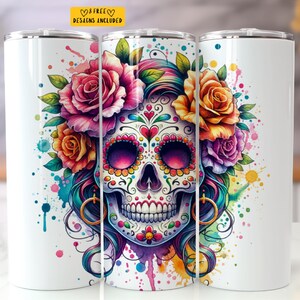 Day of the Dead 20 oz Skinny Tumbler Sublimation Design Digital Download PNG Instant Digital only, Dia de Los Muertos Sugar Skull Tumbler