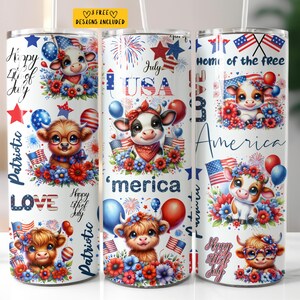 Patriotic Highland Cow Tumbler Wrap 20 oz Skinny Tumbler 4th Of July Sublimation Design Digital Download PNG Instant Digital Only