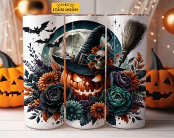 May include: A white tumbler with a Halloween design featuring a witch's hat, a pumpkin, and flowers. The design is in shades of orange, green, and black.