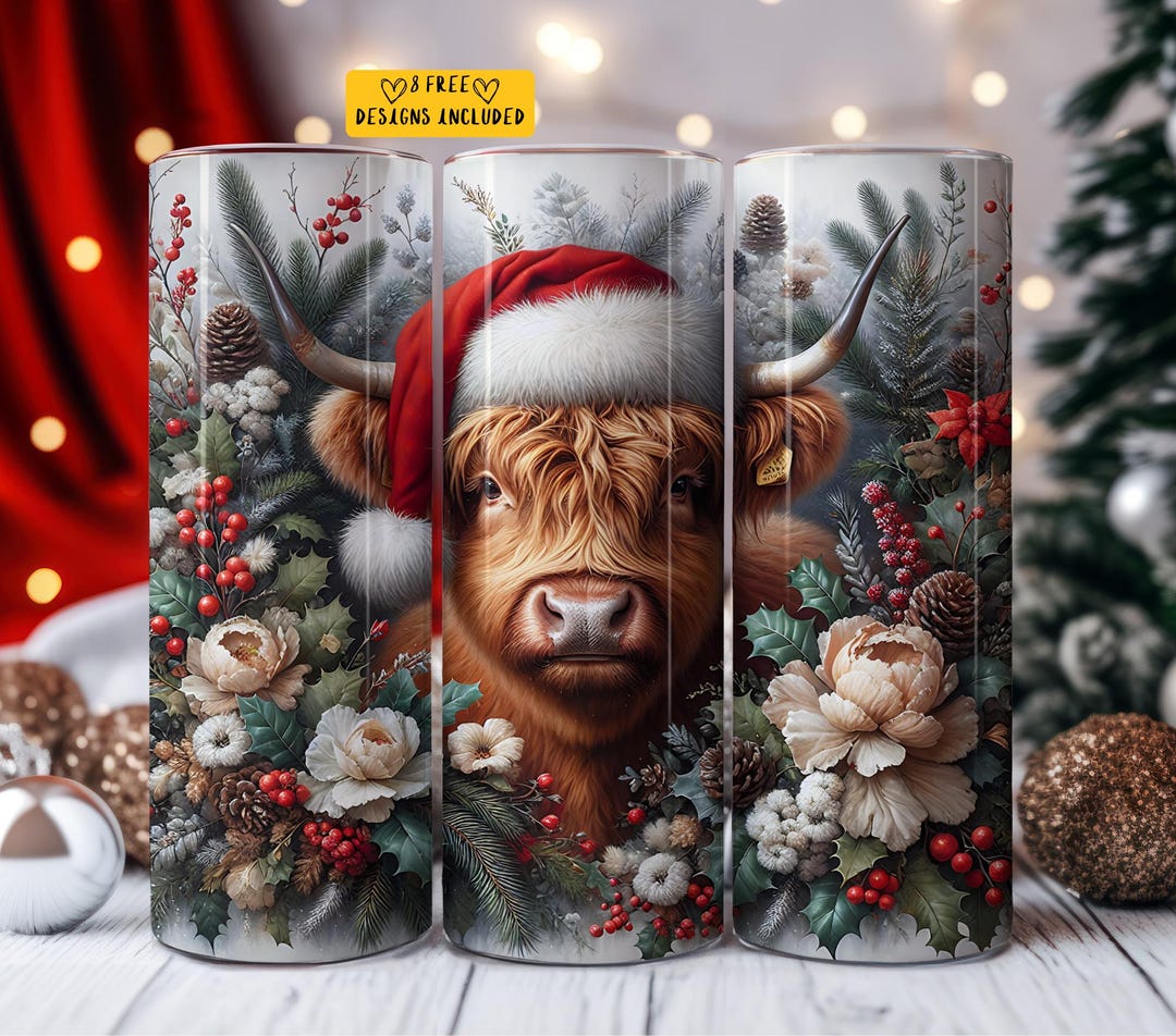 Christmas Highland Cow Png 20 Oz Skinny Tumbler Sublimation Design ...