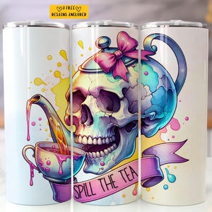 Spill The Tea Skull Teacup Watercolor Skeleton PNG 20 oz Skinny Tumbler Sublimation Design Digital Download PNG Instant Digital only