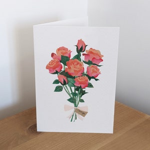 Biglietto illustrato, anniversario, ti amo, mazzo di fiori, rose
