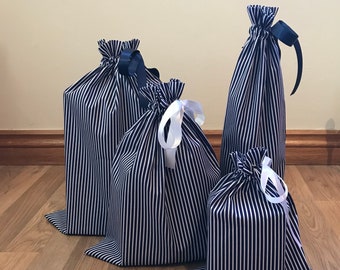 Blue Striped Fabric Gift Bag Fabric Gift Bag Blue Fabric Gift Bag Reusable Gift Bag Bottle Bag Drawstring Bag Blue Gift Wrap Birthday Bag