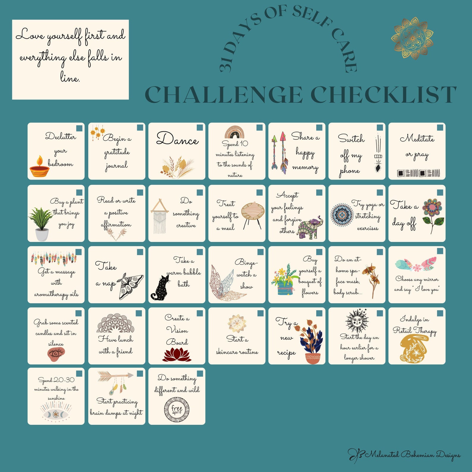 Love Yourself 31 Day Challenge Calendar & Tracker Personal Selfcare