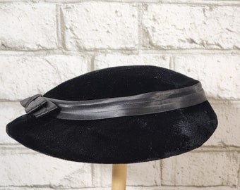 Sombrero de terciopelo negro vintage de los años 40 y 50, sombrero de satén con lazo, sombrero de cóctel para mujer, sombrero de copa.