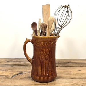 Antique British Brown Glazed Pottery Pitcher – Iris Motif Ceramic Jug, Rustic Farmhouse Kitchen Decor