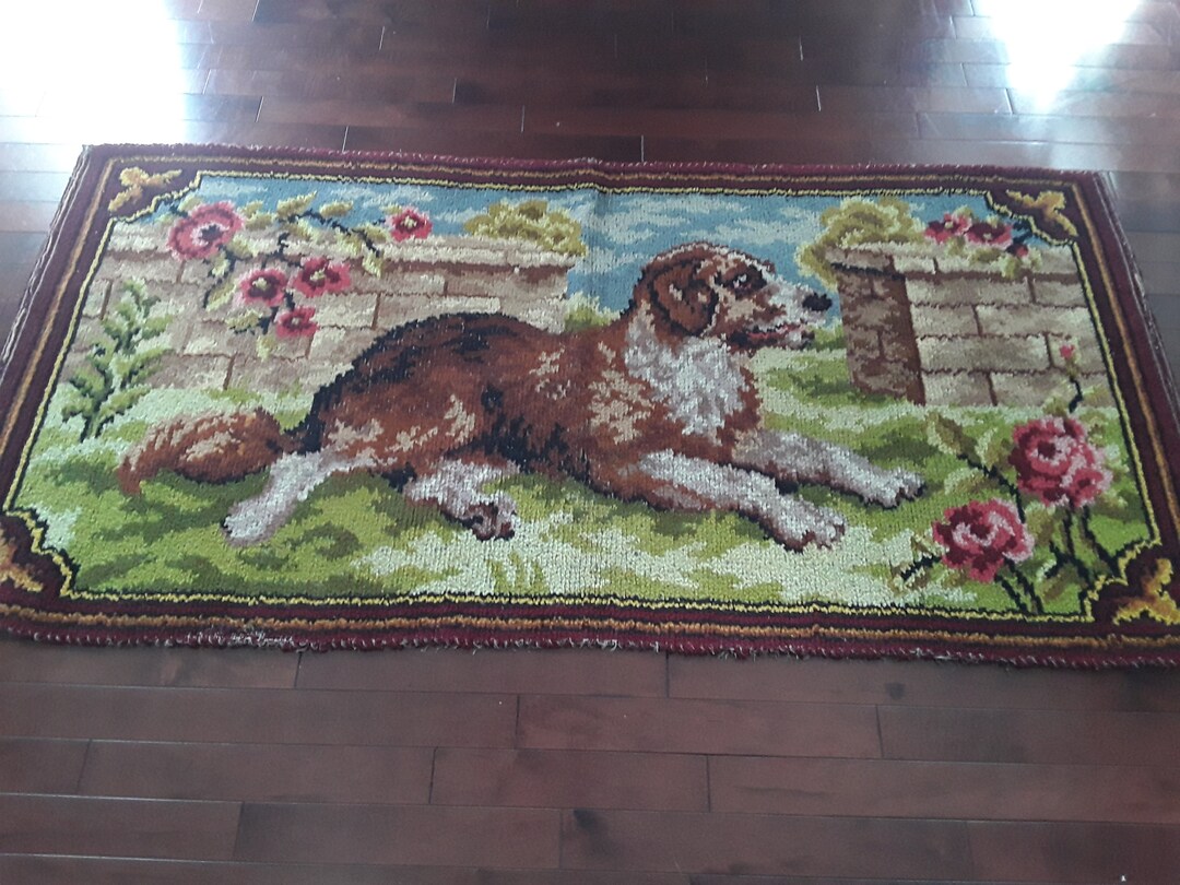 Vintage, 1960's Hand Woven, Wool Rug, Dog in Garden Rug, Runner. Etsy